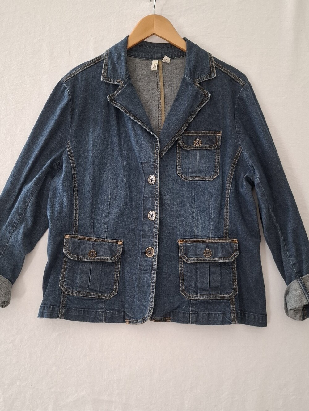 St. John's Bay Women's Denim Blazer Jacket Size XL Blue Stretch 3-Button Cargo